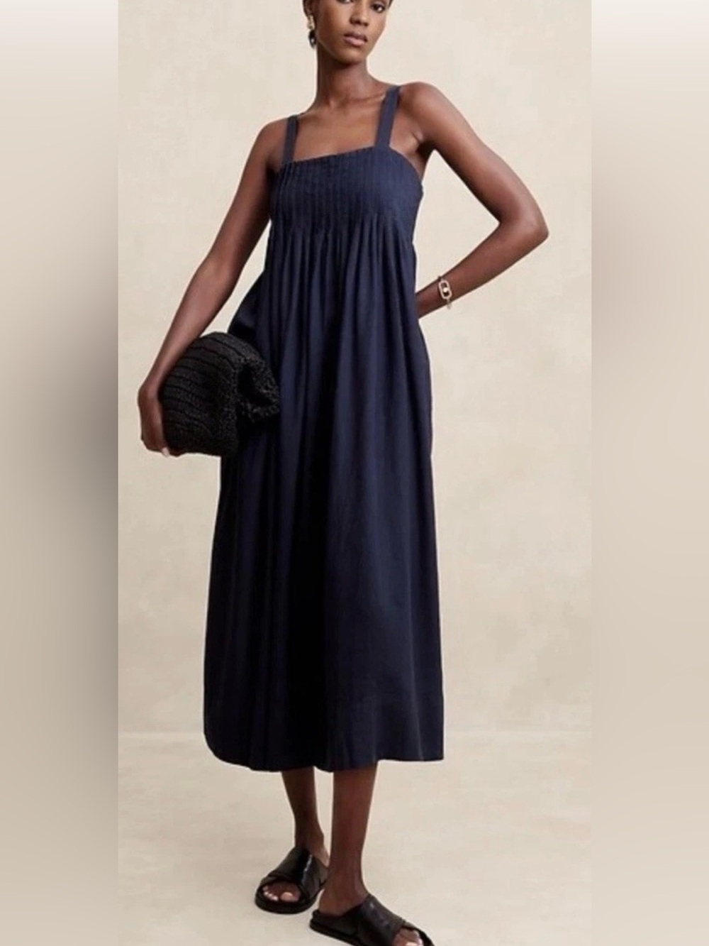 Banana Republic Linen Blend Navy Smocked Midi Dress